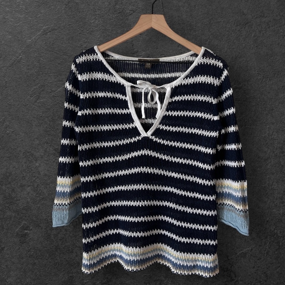 Tommy Bahama Striped Navy Blue Knit Crochet Sweater with Tie Neck Size M